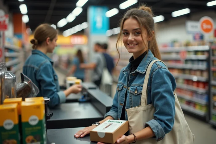 Femme achetant du tabac à rouler dans un supermarché espagnol près de la frontière