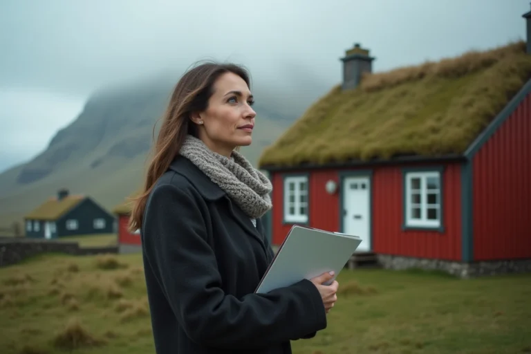 Une femme étrangère tenant des documents immobiliers devant une maison traditionnelle au toit de tourbe aux Îles Féroé