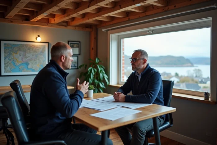 Un acheteur étranger et un agent immobilier féroïen examinant des documents de propriété dans un bureau local aux Îles Féroé