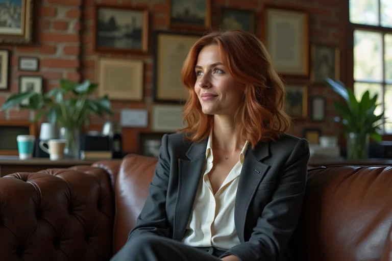 Portrait d'une actrice américaine dans son studio créatif, ambiance éditoriale authentique
