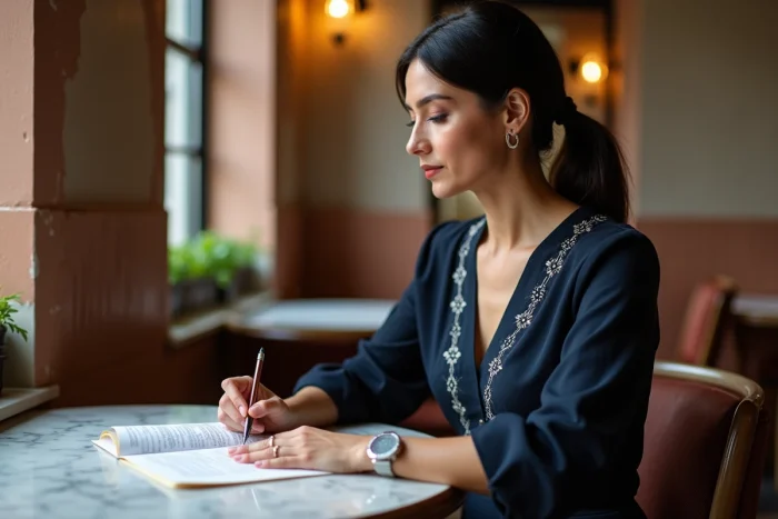 Actrice américaine relisant un script dans un restaurant raffiné, portrait éditorial élégant