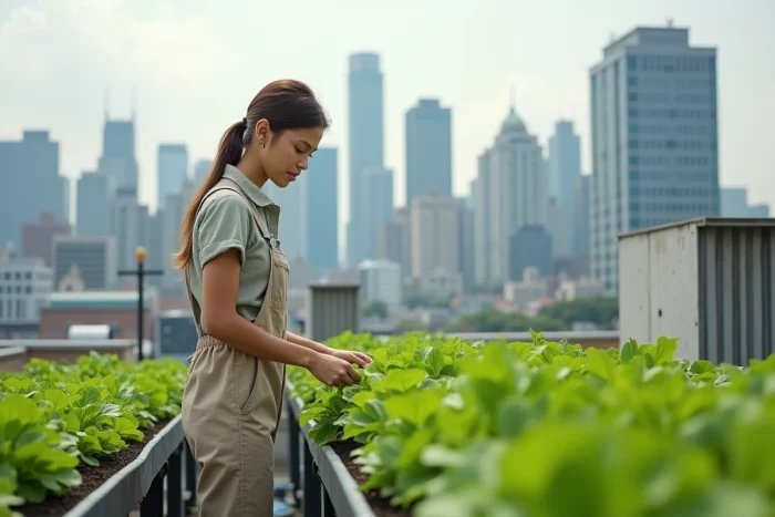 Jeune femme cultivant des plantes sur un toit urbain symbolisant les innovations agricoles et environnementales attendues en 2028