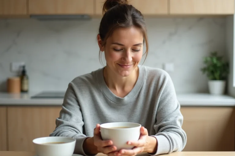 Femme se restaurant avec un bouillon clair après une coloscopie, assise dans une cuisine moderne