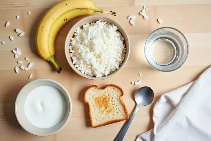 Aliments doux et facilement digestibles recommandés après une coloscopie : riz blanc, banane, toast et yaourt