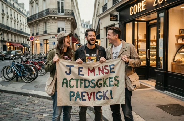 Trois amis riant ensemble dans une rue parisienne tenant une banderole humoristique lors d'un mouvement de contestation politique satirique