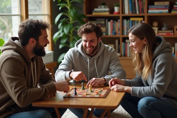 Groupe d'amis jouant à un jeu de société dans un salon convivial, partageant un moment de loisir en bonne compagnie