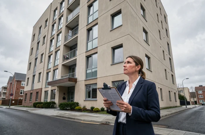 Analyste financière évaluant la facade d'un immeuble résidentiel neuf depuis la rue, tenant un clipboard avec des fiches d'évaluation immobilière