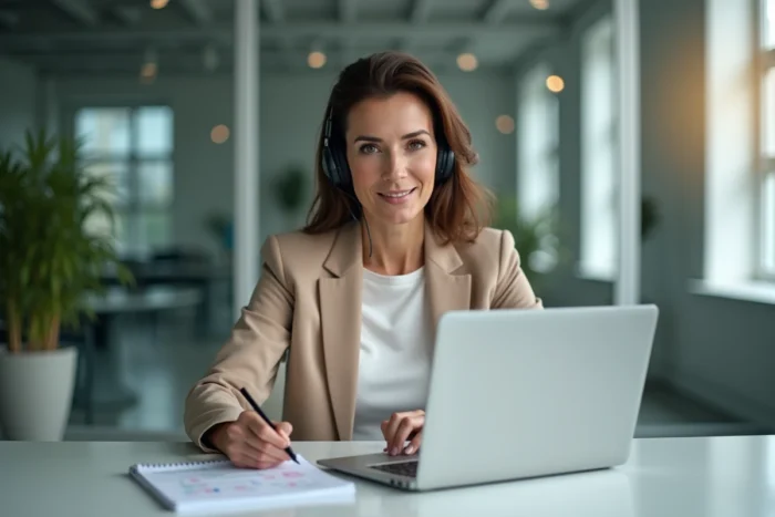 Femme professionnelle en appel de networking B2B virtuel avec tableau de bord CRM et notes de conversion