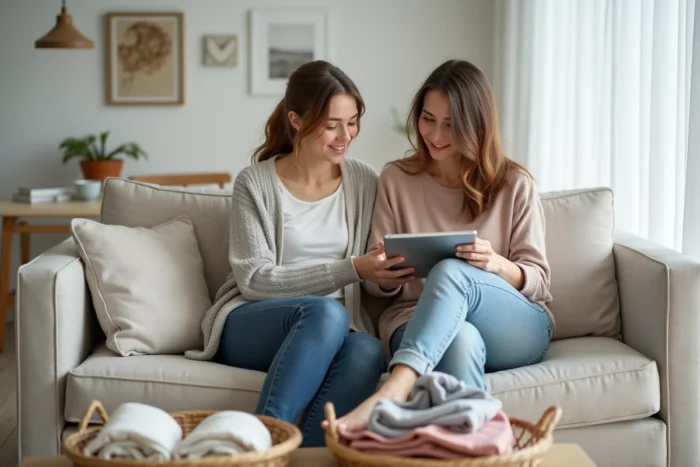 Deux femmes consultent une application de rachat de vêtements d'occasion sur une tablette, assises dans un salon moderne avec un panier de vêtements