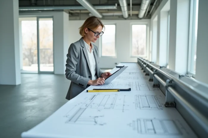 Architecte féminine étudiant les plans techniques d'une garde-corps conforme aux normes en vigueur dans un cabinet d'architecture moderne