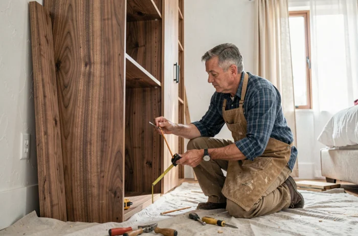 Artisan installant un meuble de rangement sur mesure en noyer dans une chambre en cours de rénovation intérieure