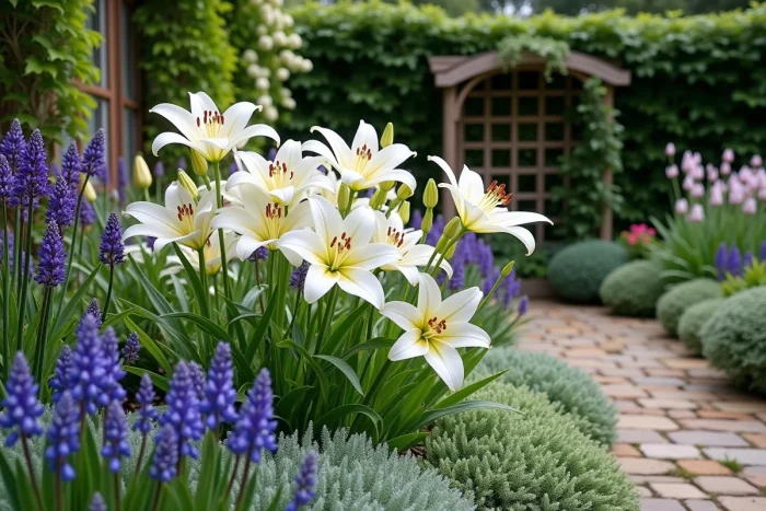 Massif de jardin avec lys blancs orientaux associés à la lavande, l'agapanthe et l'oreille d'agneau argentée le long d'une allée en pierre