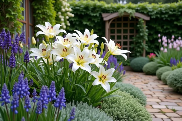 Massif de jardin avec lys blancs orientaux associés à la lavande, l'agapanthe et l'oreille d'agneau argentée le long d'une allée en pierre