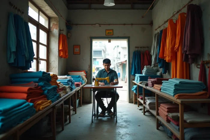 Jeune homme travaillant sur une machine à coudre dans un atelier textile en Asie du Sud-Est, représentant l'industrie manufacturière des pays en développement