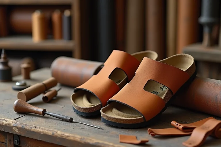 Paire de sandales Birkenstock Arizona en nubuck posée sur un établi d'artisan cordonnier avec des outils de maroquinerie traditionnels, évoquant le savoir-faire allemand