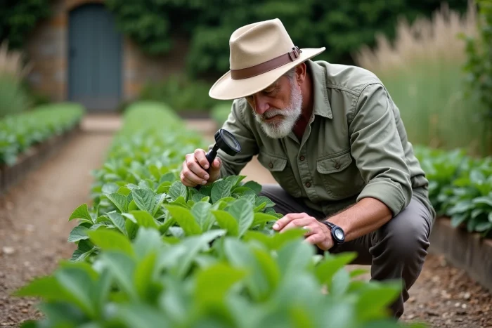 Botaniste examinant des plantes médicinales cultivées dans un jardin botanique en plein air avec des allées en gravier et un muret en pierre sèche