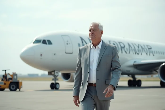 Cadre dirigeant d'Airbus marchant sur le tarmac devant un avion de ligne commercial avec livrée corporate blanche