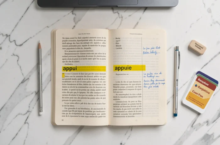 Vue aérienne d'un cahier de grammaire française ouvert avec les mots appui et appuie surlignés et annotés à la main