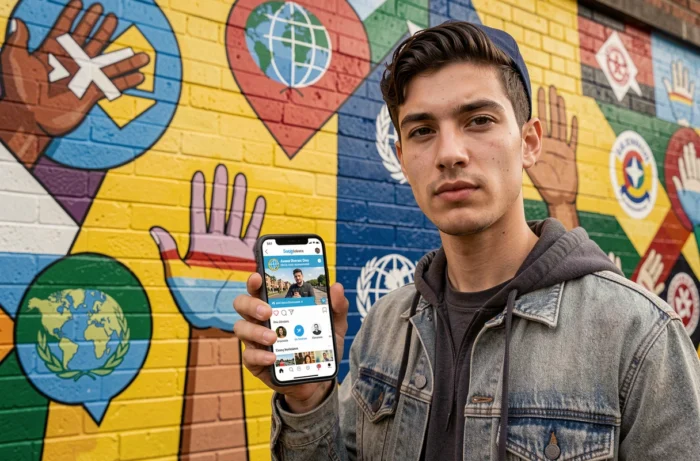 Jeune homme consultant une campagne de journée mondiale sur son smartphone devant une fresque murale multiculturelle