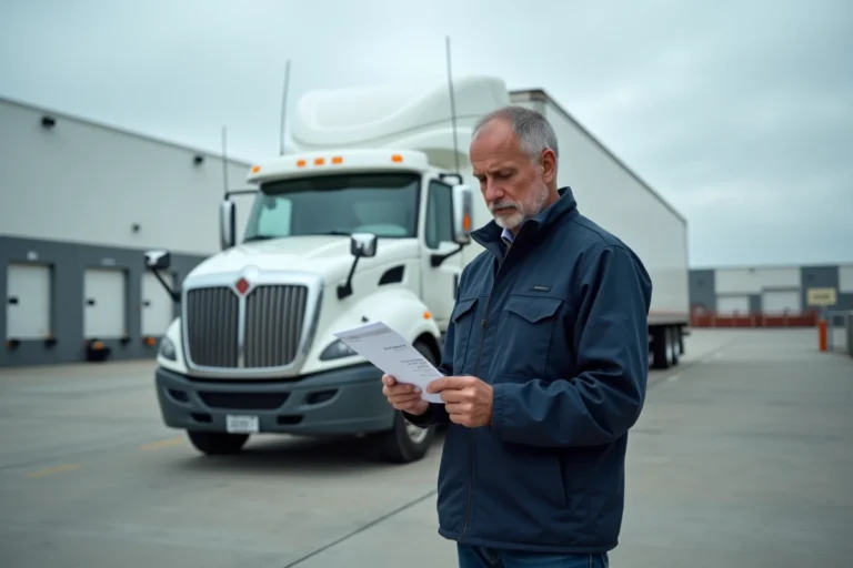 Chauffeur routier examinant sa fiche de paie devant un camion poids lourd dans un dépôt logistique