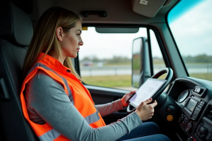 Chauffeuse routière consultant un document de salaire sur tablette dans la cabine de son camion