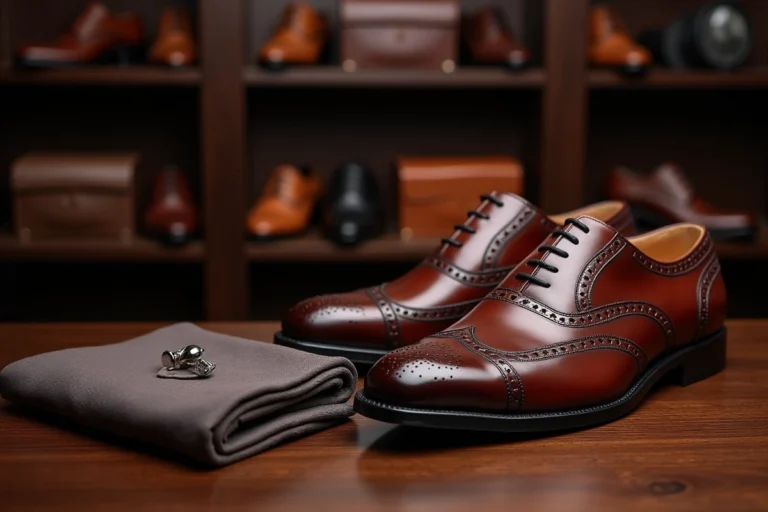 Chaussures Oxford en cuir bordeaux faites main posées sur un bureau en bois de noyer avec des accessoires masculins élégants