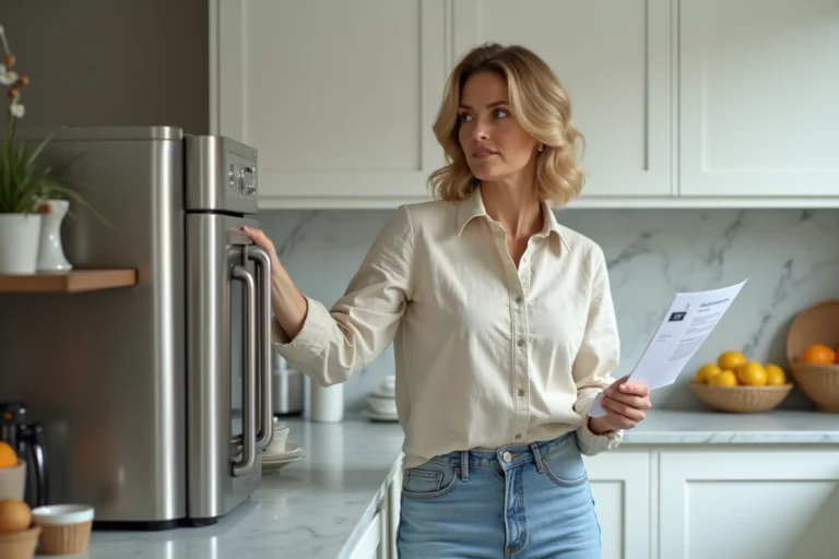 Femme comparant des équipements électroménagers dans une cuisine moderne pour bien choisir son matériel de maison