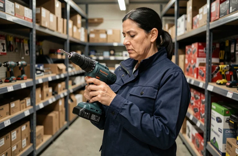 Femme professionnelle choisissant un équipement de travail dans un magasin de fournitures spécialisées