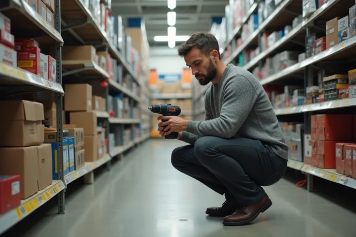 Homme lisant les caractéristiques d'un outil de bricolage en magasin pour choisir le bon équipement pour sa maison