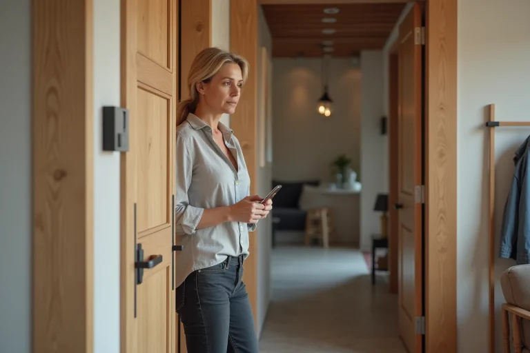 Femme examinant une serrure connectée installée sur une porte en chêne dans une entrée moderne et sécurisée