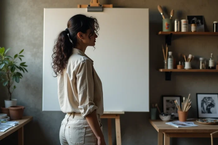 Artiste engagée Clara Pésery dans son atelier face à une grande toile sur mur en béton brut, entourée de pellicules et photographies