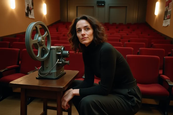 Clara Pésery cinéaste engagée accroupie près d'un projecteur 16mm dans une petite salle de cinéma indépendante aux fauteuils en velours