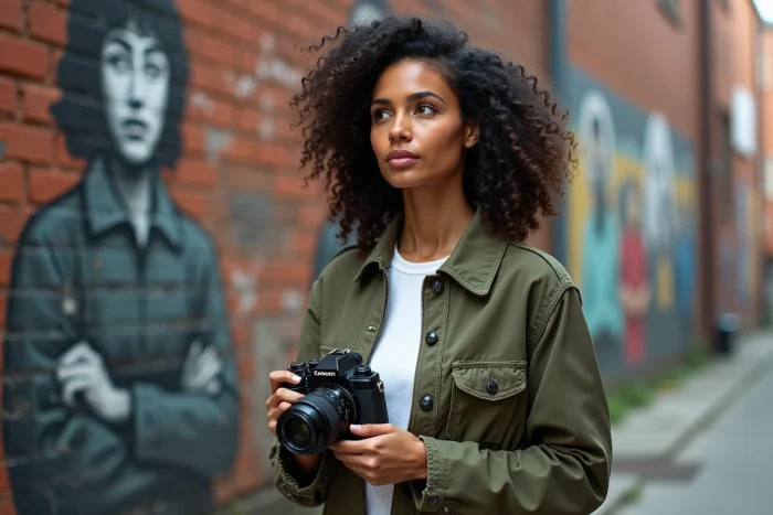 Clara Pésery photographe engagée tenant un appareil photo devant des fresques murales de protestation sur briques dans une ruelle urbaine