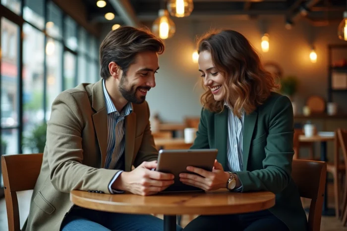 Deux jeunes entrepreneurs collaborant sur un business plan en ligne autour d'une tablette dans un café urbain