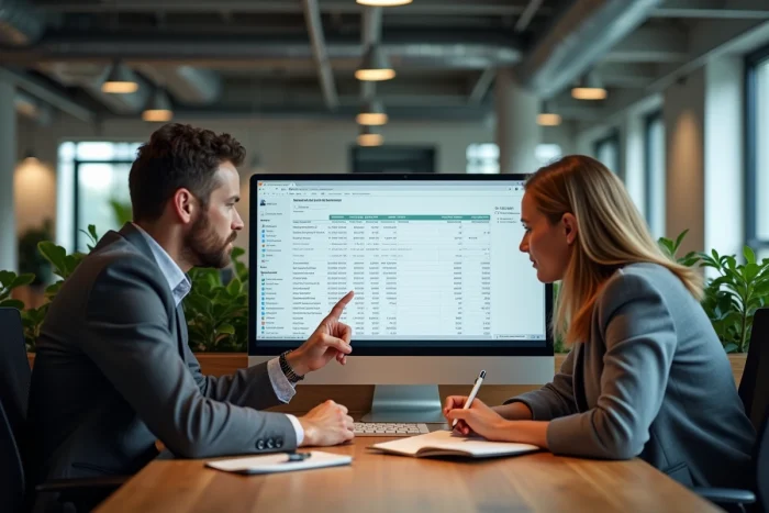 Deux collègues comparant les abonnements et astuces d'économies pour les professionnels sur une plateforme d'annonces en ligne
