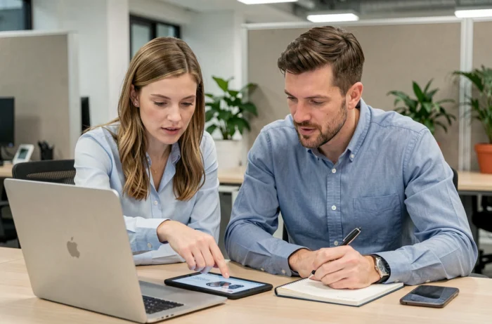 Deux collègues sélectionnant ensemble un équipement professionnel sur catalogue numérique en bureau moderne
