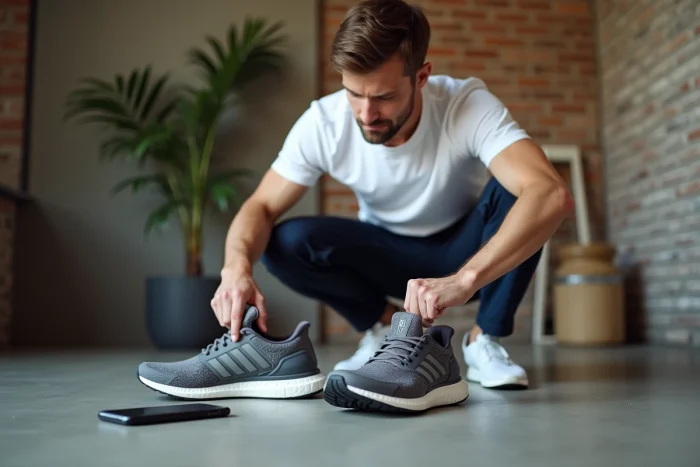 Homme comparant deux chaussures de sport pour vérifier leur authenticité avant achat sur Zalando
