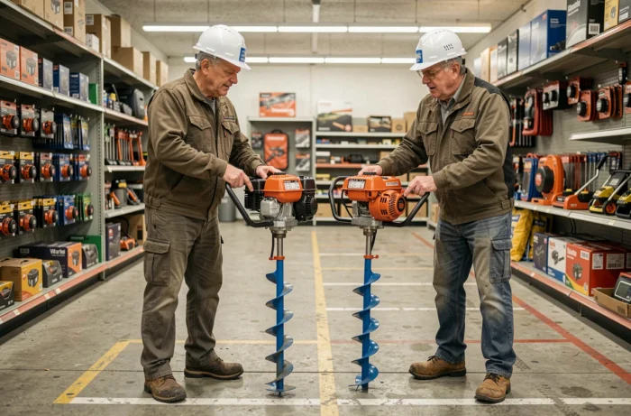Deux hommes comparant des modèles de tarières thermiques dans un magasin de bricolage professionnel