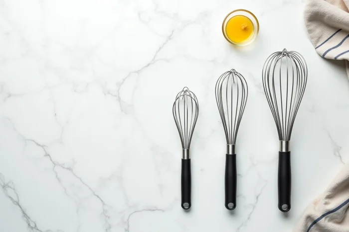 Vue de dessus de quatre fouets de cuisine différents sur marbre blanc avec bol de jaune d'œuf et moutarde pour préparer une mayonnaise maison