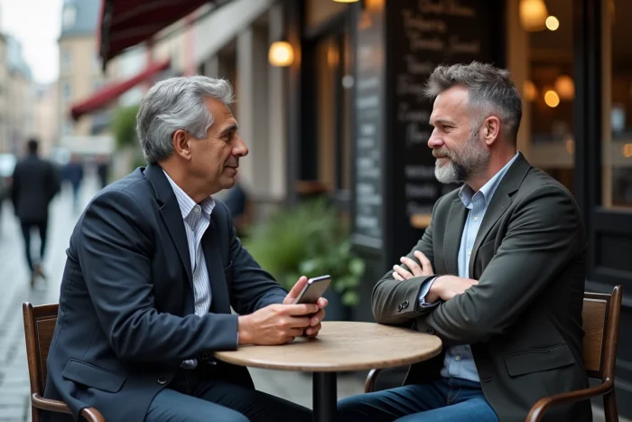 Deux hommes engagés dans une conversation citoyenne sur l'actualité en terrasse de café