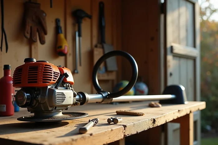 Coupe-bordures thermique posé sur un établi en bois dans un atelier de jardin avec accessoires et équipements d'entretien
