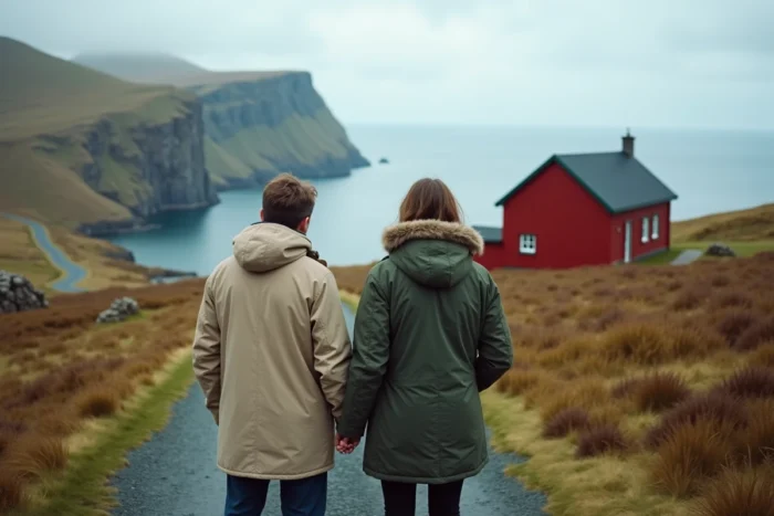 Un couple d'acheteurs étrangers observant une maison en bois rouge sur une colline avec vue sur un fjord aux Îles Féroé