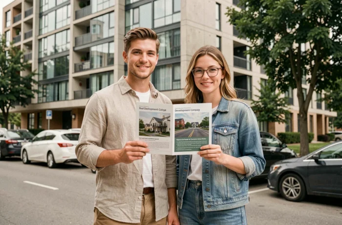Couple d'acheteurs immobiliers comparant les offres d'un promoteur local et d'une société étrangère devant une résidence neuve