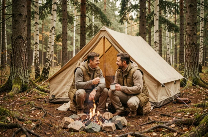 Couple en bivouac au cœur d'une forêt boréale partageant un moment de détente autour d'un feu de camp lors d'un séjour nature