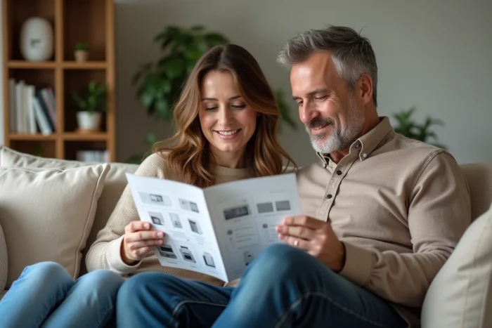 Couple comparant des équipements de sécurité et de confort pour leur maison sur tablette et brochure