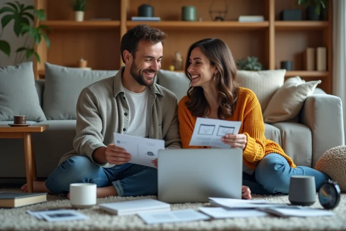 Couple comparant des équipements pour la maison entouré de brochures et d'appareils connectés dans un salon
