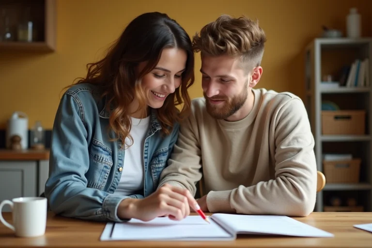 Un couple examine ensemble un contrat de bail locatif à une table de cuisine dans un appartement