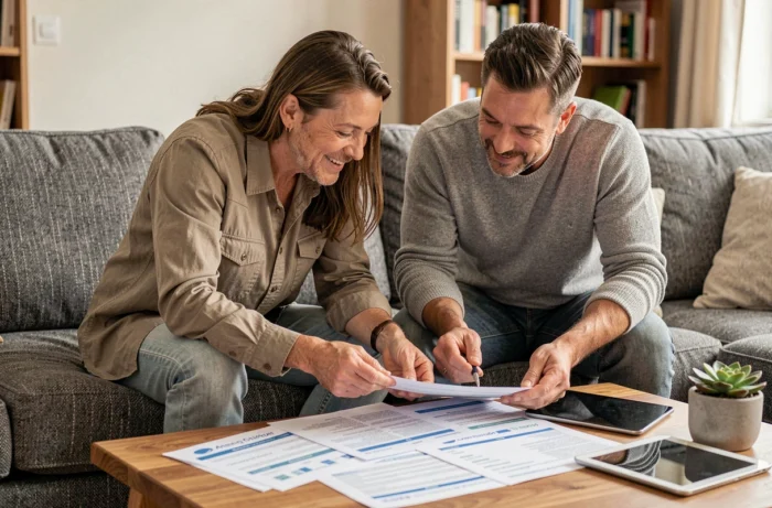 Couple en train de planifier leur budget et gérer leurs finances personnelles ensemble dans un salon moderne