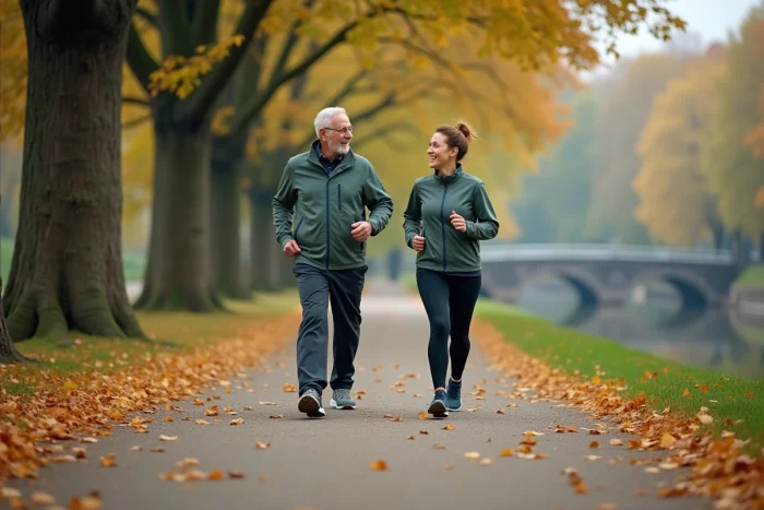 Couple de retraités marchant ensemble sur un chemin au bord de l'eau en automne, illustrant une retraite active et conviviale