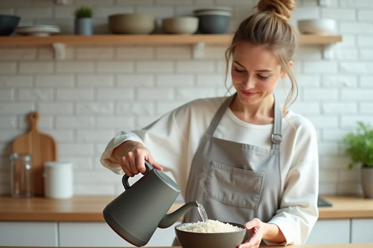 Femme versant de l'eau chaude d'une bouilloire électrique sur du riz cru dans un bol en céramique, dans une cuisine scandinave moderne
